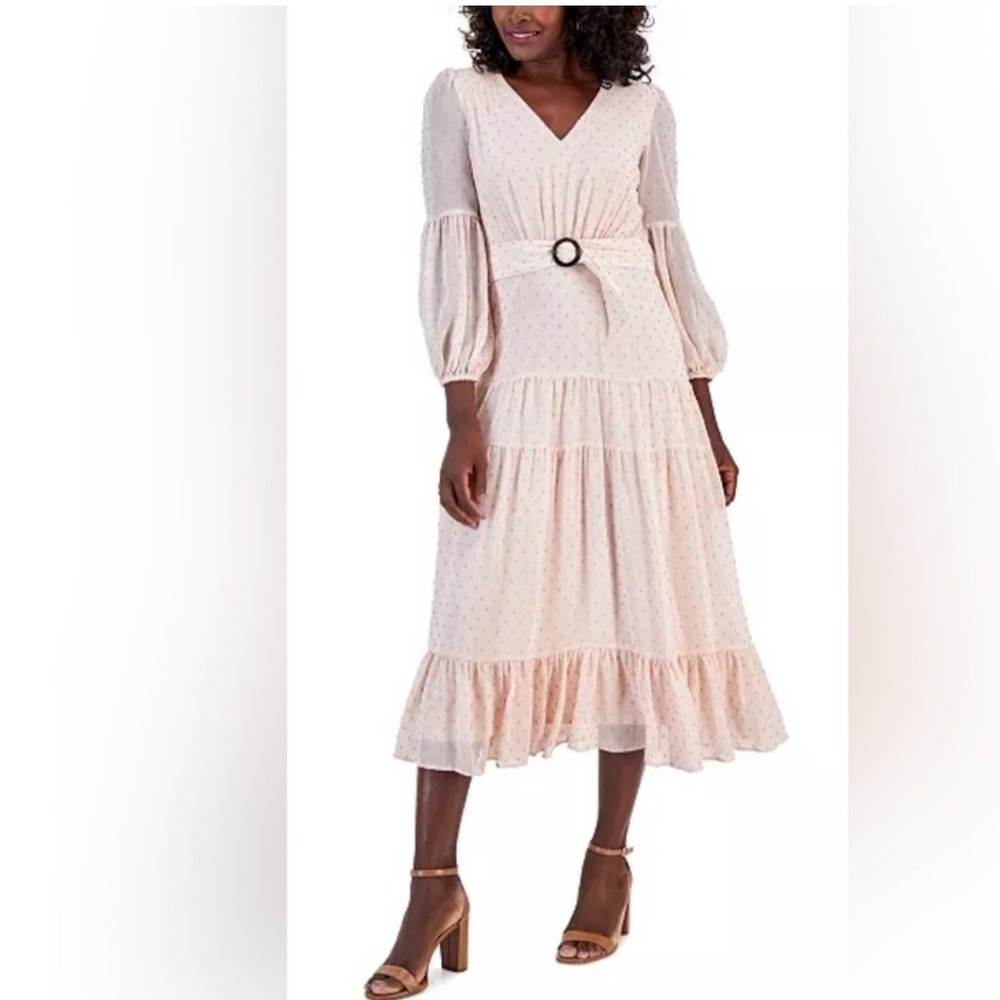 Taylor Midi Dress 8 Blush Pink Clip Dot Tiered Balloon Sleeve Belted Boho Flowy